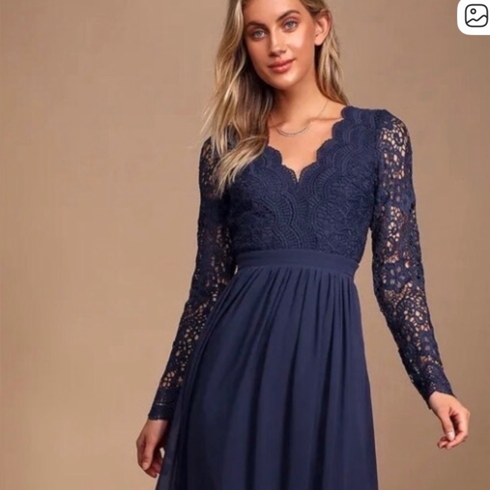 LuLus Awaken My Love Navy Blue Long Sleeve Maxi